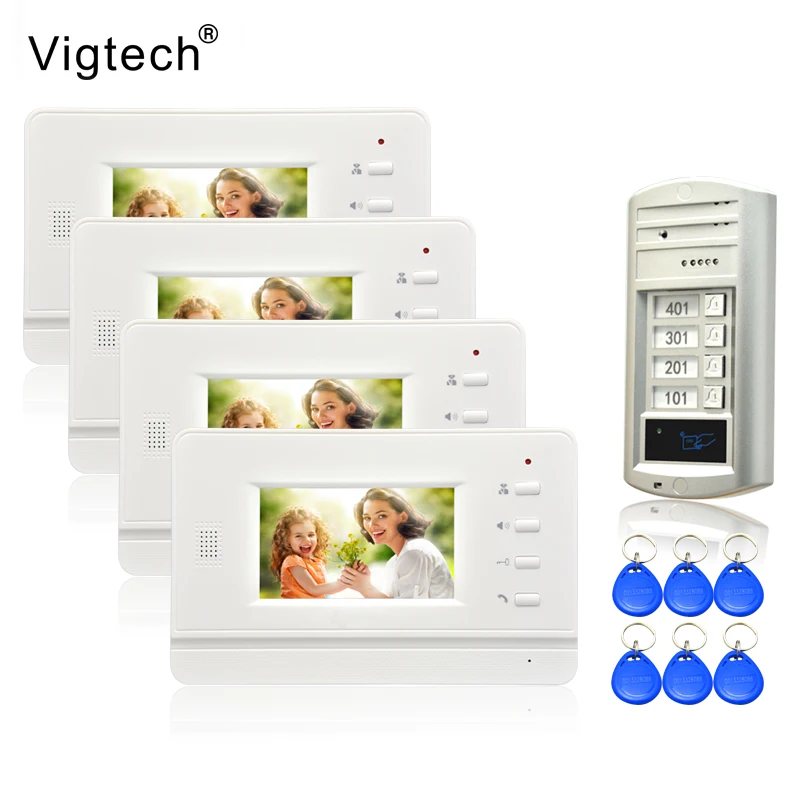 cheap Vigtech 4.3 #039; #039; color video door phone 4 monitors with 1 intercom doorbell can control 4 houses for multi apartment RFID Camera