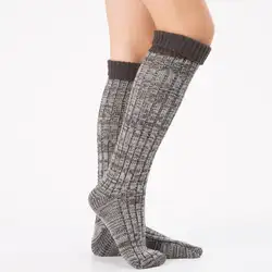Женские модные толстые теплые вязаные эластичные длинные носки-тапочки с отворотами
