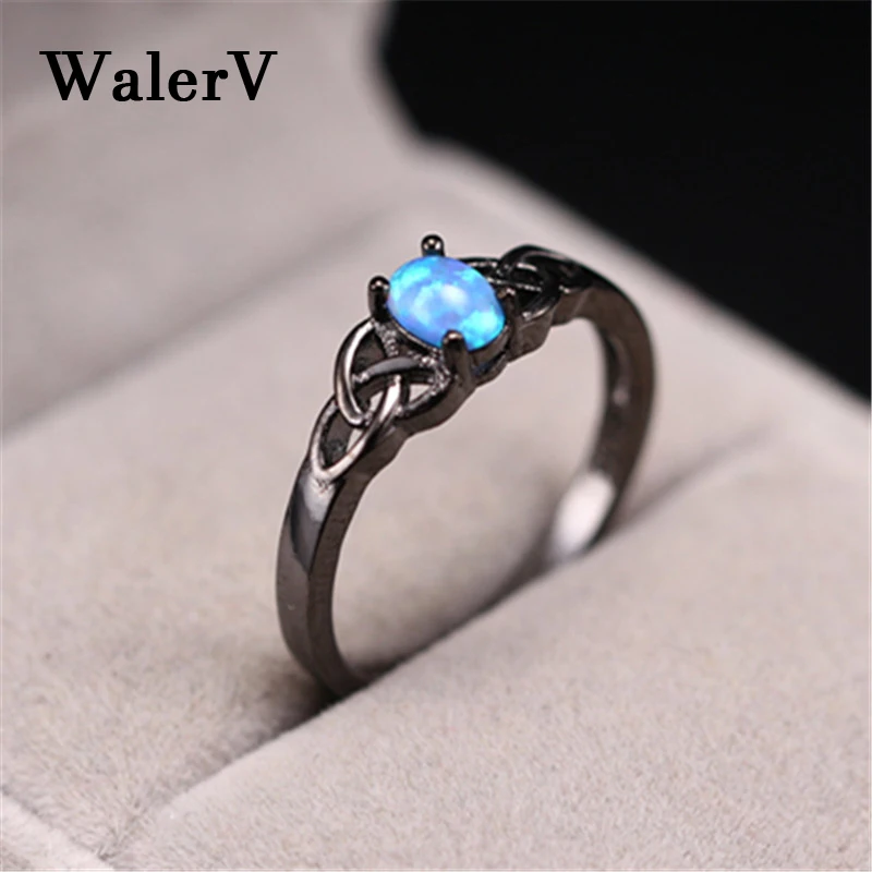 

WalerV 925 Sterling Silver Black Gold Ring for Women Set Charm Fashion Oval Blue Fire Opal Stone Engagement Jewelry Rings Gift