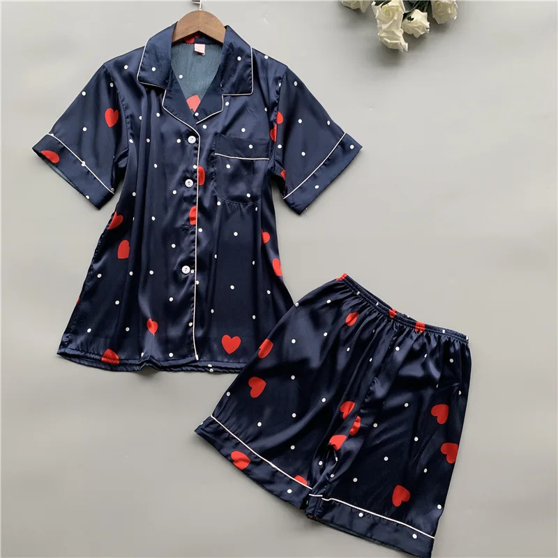 

QWEEK Pyjamas Women Summer 2019 Tops+ Shorts Womens Pajamas Satin Pijama Mulher Csual Two Piece Set Soft Sexy Women Pj Set