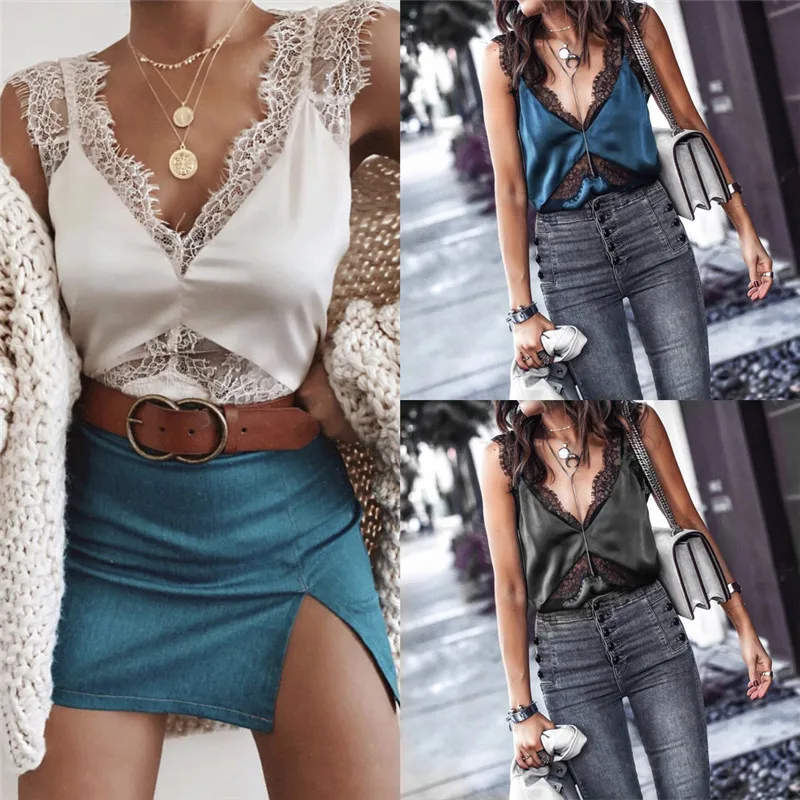 

Women 2019 Fashion Lace Plain Strappy Vest Casual V-Neck Camisole Sleeveless Blouse Tank