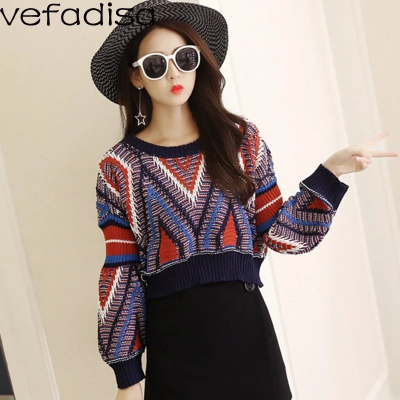 Vefadisa Mixed Color Geometric Pattern Sweater Women Short O-Neck Pullover Lantern Sleeve Jumper Tops ZLD438 | Женская одежда
