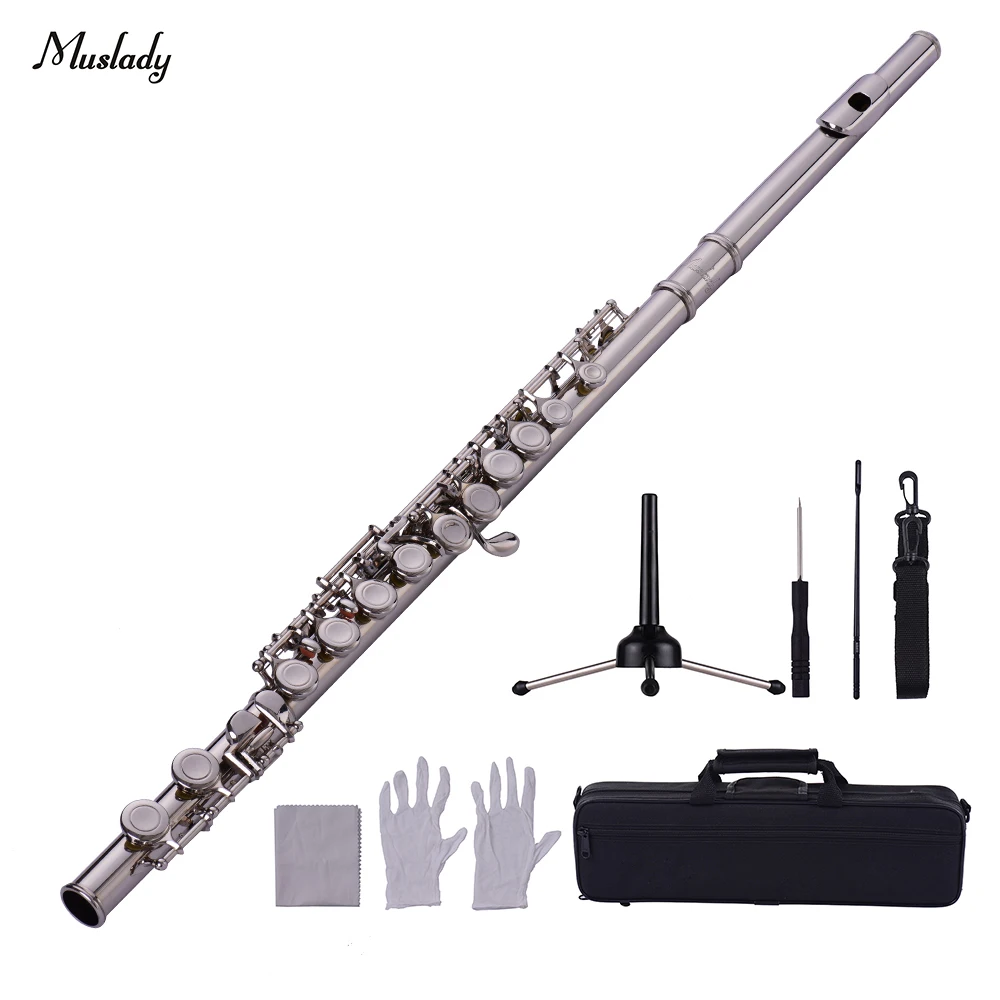 Western Concert Flute Cupronickel Plated Silver 16 Holes C Key Woodwind Instrument With Cleaning Cloth Stick Gloves Mini Screwdriver Padded Case