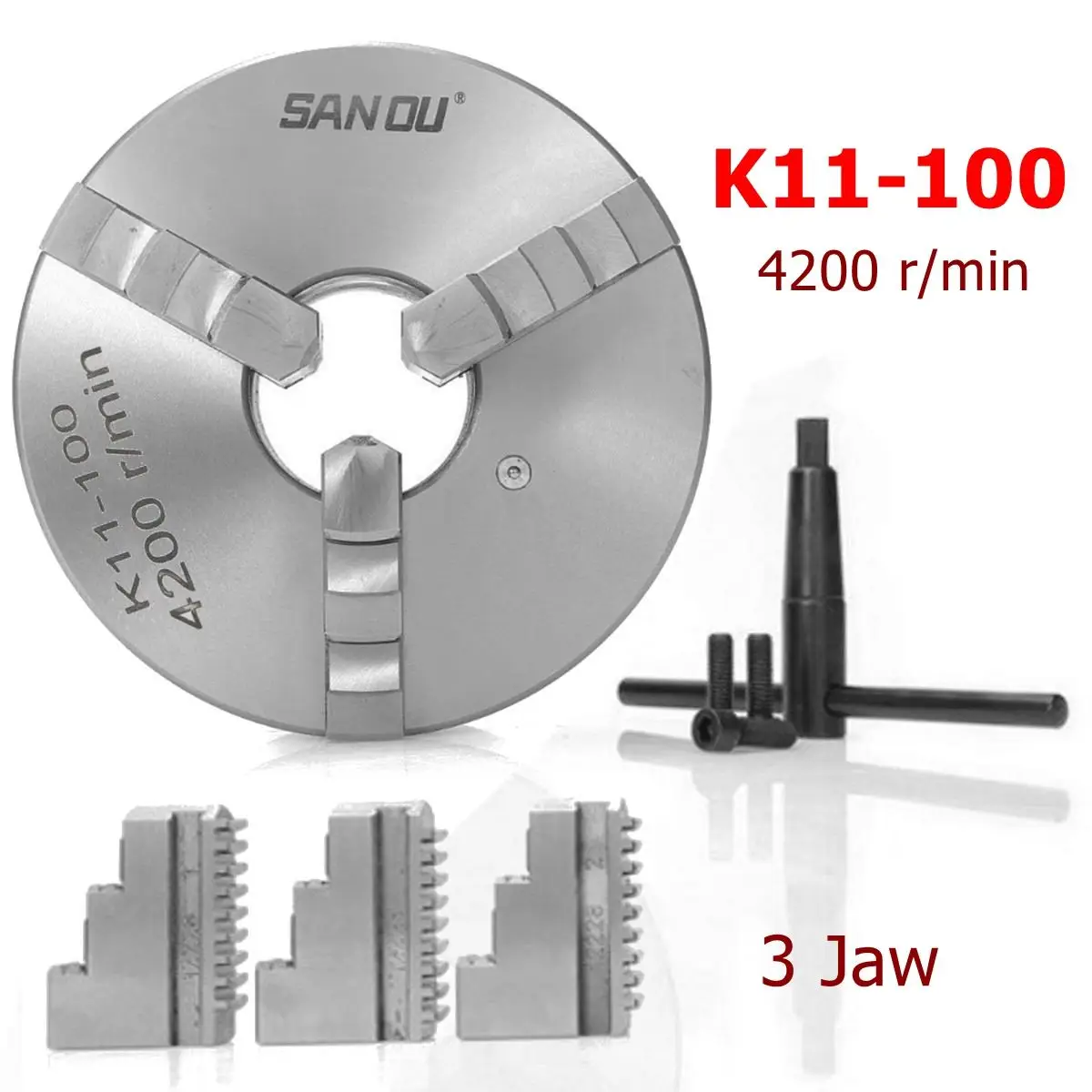 

K11-100 3-Jaw 100mm 4200r/min Hardened Steel Lathe Chuck Self-Centering + Safety Chuck Key + Outside Inside Jaws +Mounting Bolt