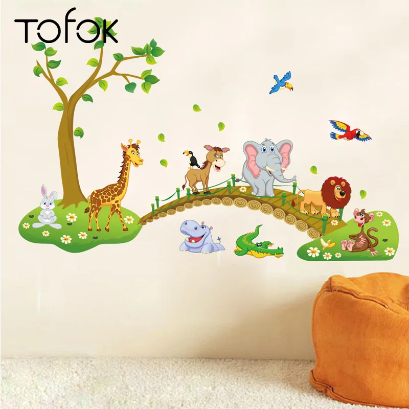 

Tofok 3D Cartoon Wild Animals Wall Sticker For Children Room Bridge Lion Giraffe Elephant Birds Wall Stickers Kids Room Decals