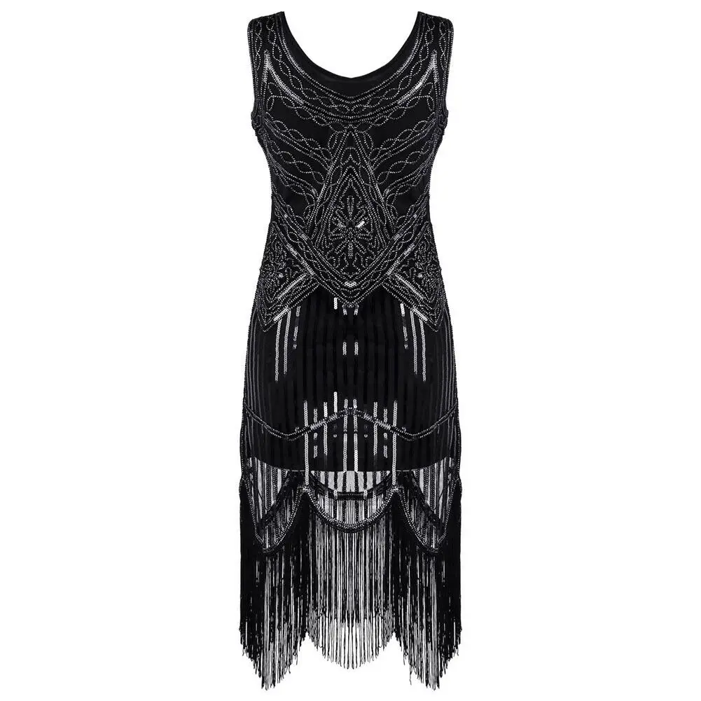 

Women Sexy Hot Elegant Sleeveless O neck Gatsby Flapper Beaded Vintage Fringe Sequin Sleeveless Womens Party Night Dress