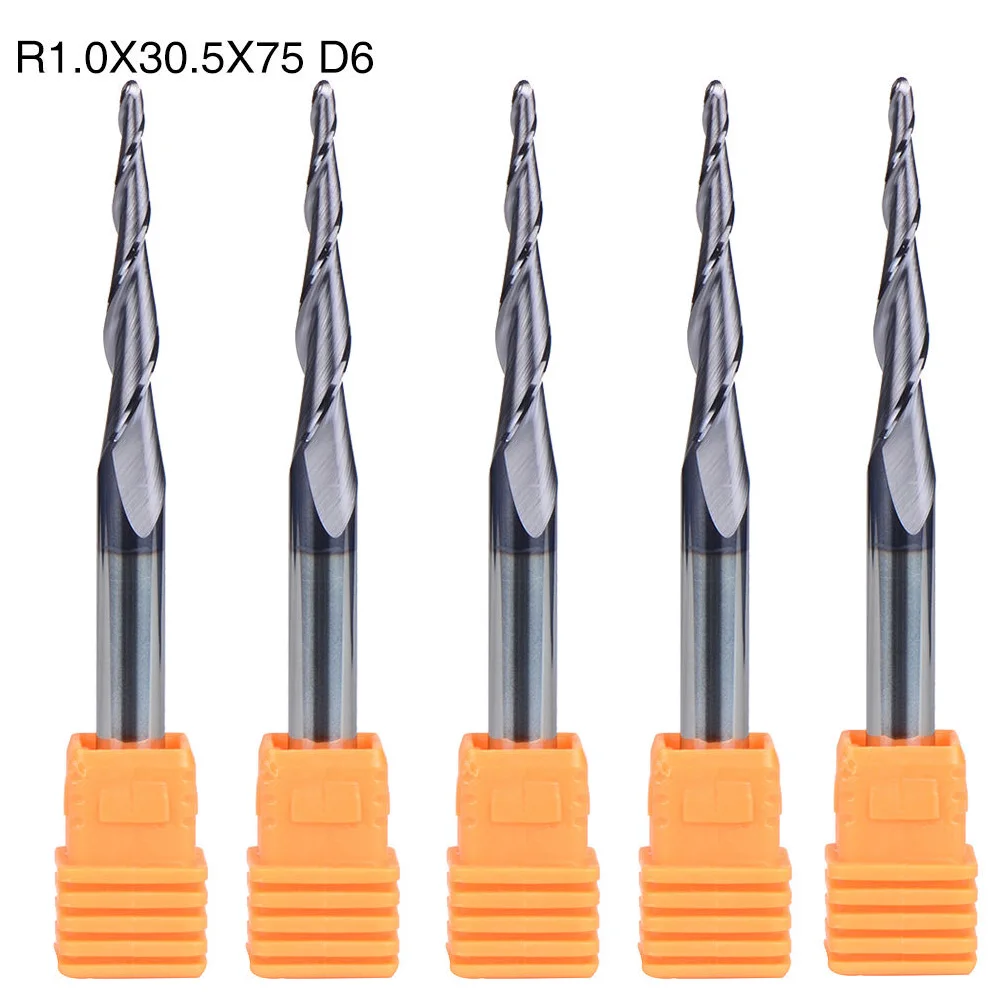 

5Pcs End Mills Carbide Tapered Ball Nose End Mill 1.0MM Radius 2 Flute 6MM Shank CNC Tool Milling Cutter