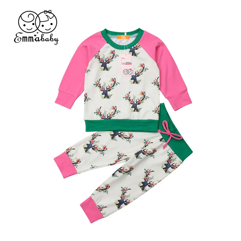 Pants Set 2PCS Toddler Kids Baby Girls Outfits Clothes Deer T-shirt Tops Dress
