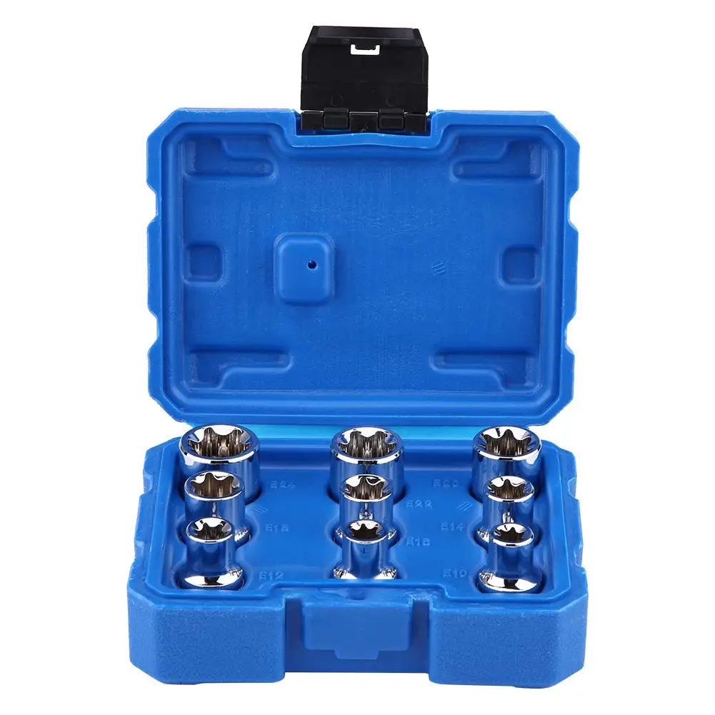 

9Pcs 1/2" Drive E-Type Torx Star Bit Socket Set E10-E24 Repair Tool Kit Silver