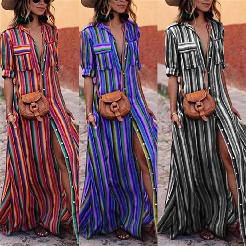 

Elegant Woman Boho Long Maxi Dress Fashion Lady Evening Party Summer Beach Dresses Sundress Striped Shirt Dress Female Vestidos