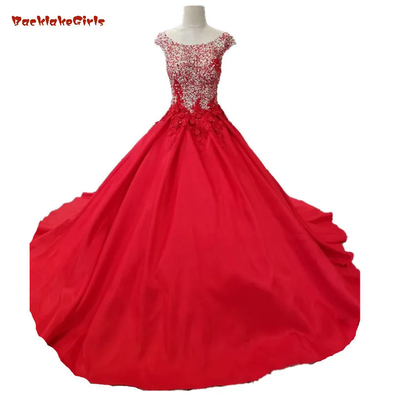 

BacklakeGirls Long Puffy Prom Dresses 2018 Elegant Ball Gown Sparkly Beaded Backless Lace UP Girl Red Tulle Prom Dress For Party
