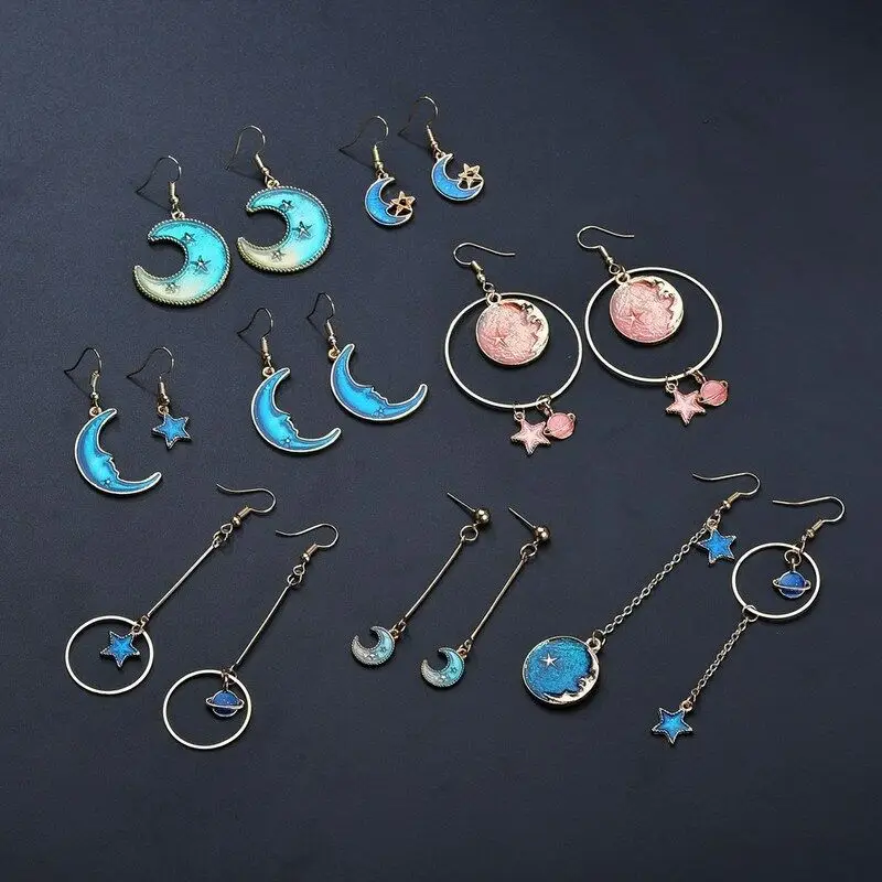 

Women Star Moon Earrings Jewelry Pendant Dangle Drop Statement Asymmetric Asymmetric Long Dangle Earrings Statement Earrings