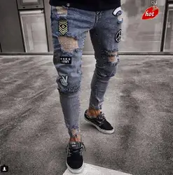 Рваные мужские джинсовые брюки, облегающие по колено, на молнии, в стиле хип-хоп, облегающие джинсы в стиле хип-хоп, Мужская Уличная одежда O8R2