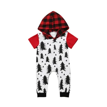 

2018 Newborn Toddler Baby Girls Boys Santa Romper Short Sleeve Hooded Christmas Trees Jumpsuits Patchwork Playsuit Outfit 0-24M