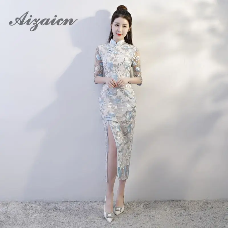 

2019 New Summer Fashion Lace Cheongsam Sexy Dresses Chinese Traditional Dress Women Long Modern White Qipao Oriental Gown