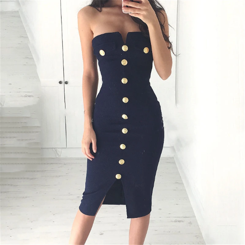 

Women Summer Bodycon Sleeveless Dark Blue Colors Strapless Button Casual Evening Party Dresses Sexy Skinny High Waist Dress