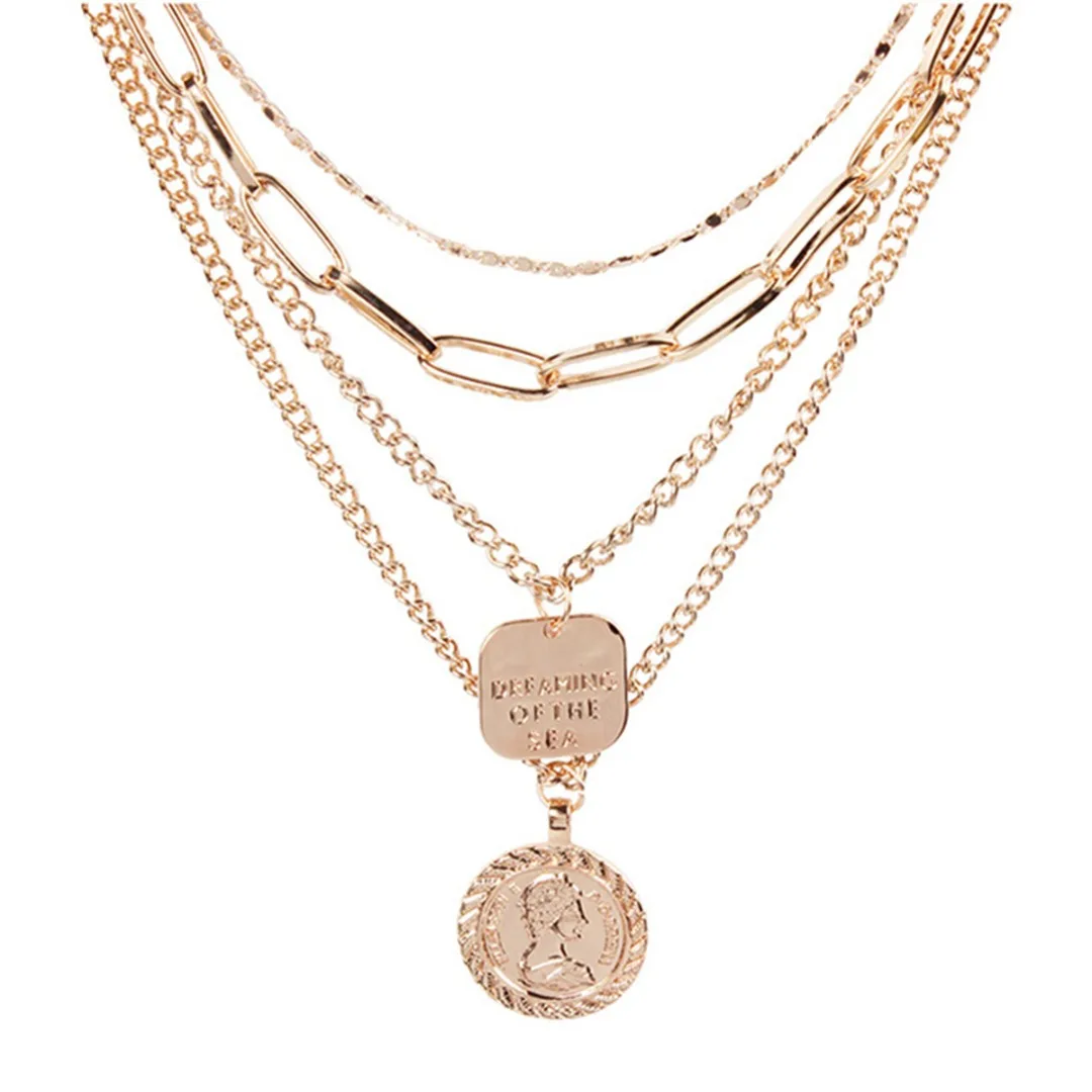 

Vintage Hip Hop Gold Head Portrait Round Square Pendant Chain Unisex Punk Rock Multilayer Fashion Necklace Popular Jewelry Gifts