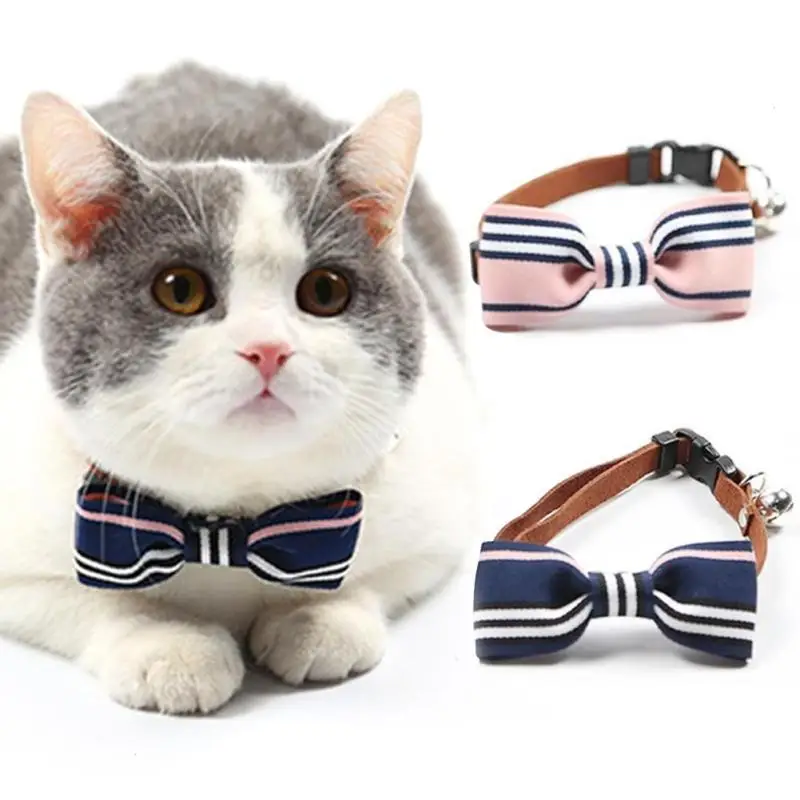 Striped Dog Cat Collar Adjustable Cat Bow Tie Bell Puppy Kitten Necktie