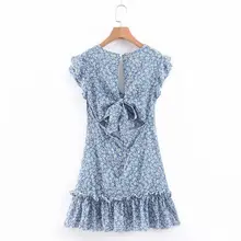 Сексуальное облегающее платье с открытой спиной и цветочным принтом, плиссированное Летнее мини-платье с оборками и рукавом-бабочкой и v-образным вырезом