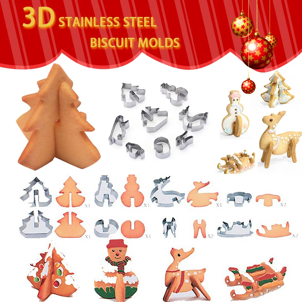 

10pcs/set Christmas Series Stainess Steel Cookie Cutters 3D Gingerbread Fondant Cake Mold Biscuit Mold Baking Tools