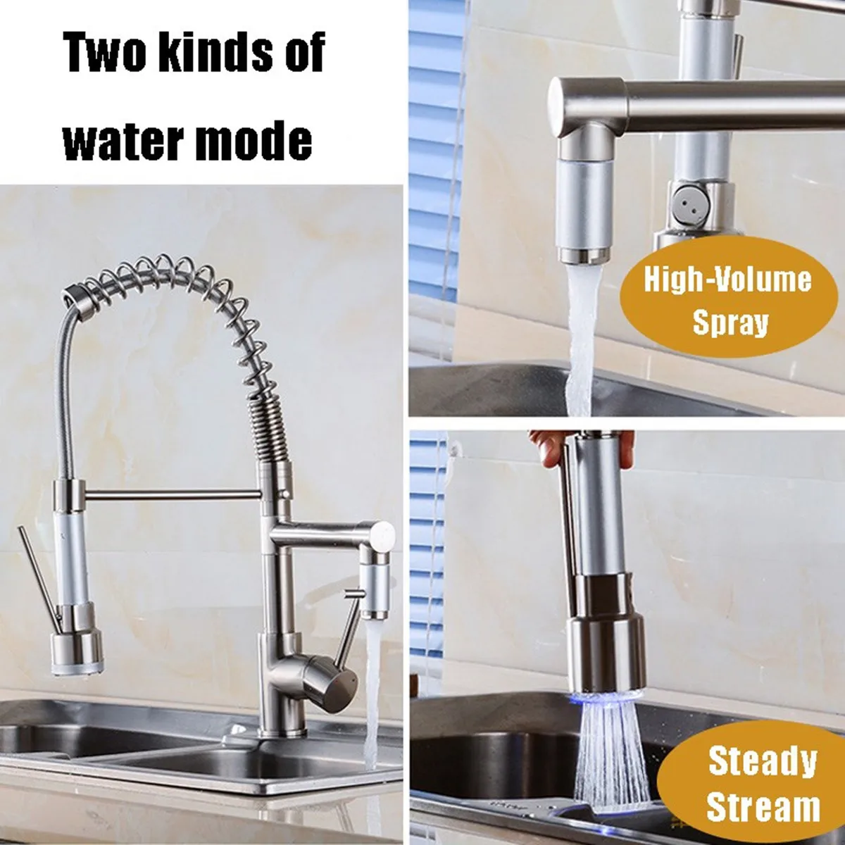 

Pull Down Kitchen Faucet LED Spout 360 Degree Rotating Sprayer Spring Style Single Lever Cold Hot Water Mixer Tap Deck Mounted