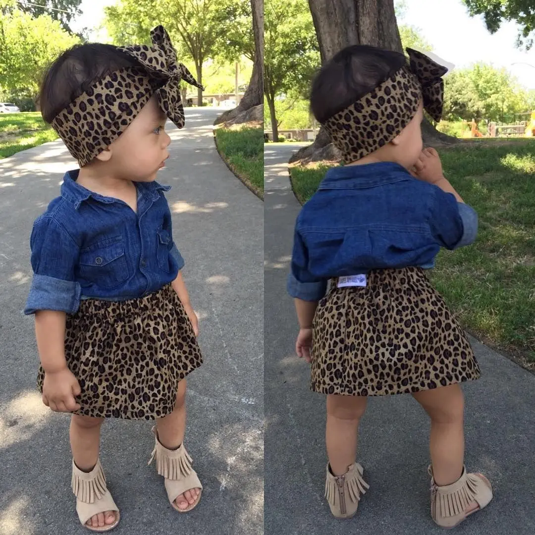 

Pudcoco Girl Set 6M-5Y 3PCS Toddler Kids Girls Summer Dress Clothes denim Tops Leopard Skirt Outfit Set