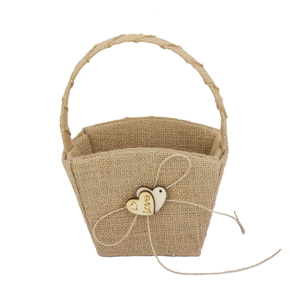 New Hot Wedding Basket Hessian Burlap Flower Girl With Wood Heart Rustic Ceremony for Party Decoration | Дом и сад