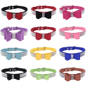 

Fashion Bling Suede Leather Rhinestone Crystal with Bow Diamante Dog Collar Popular Super cute Soft Bow Tie Cat Puppy Small Pet