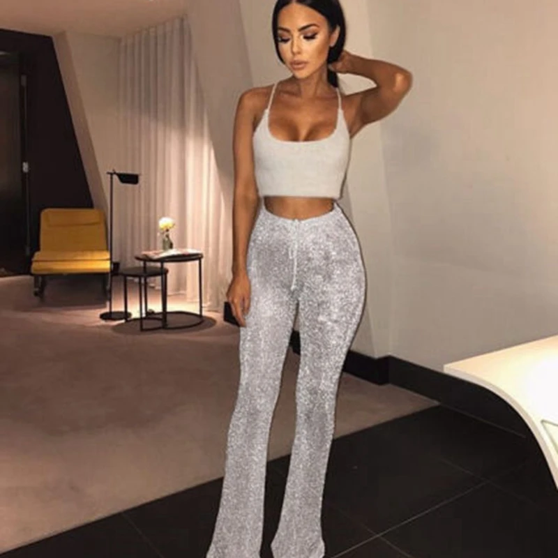 New2019 Women Shiny Pants Bell Bottom Long Pants Sequin High Waisted Clubwear Party Knit Trousers New2019 Women Shiny Pants Bell Bottom Long Pants Sequin High Waisted Clubwear Party Knit Trousers