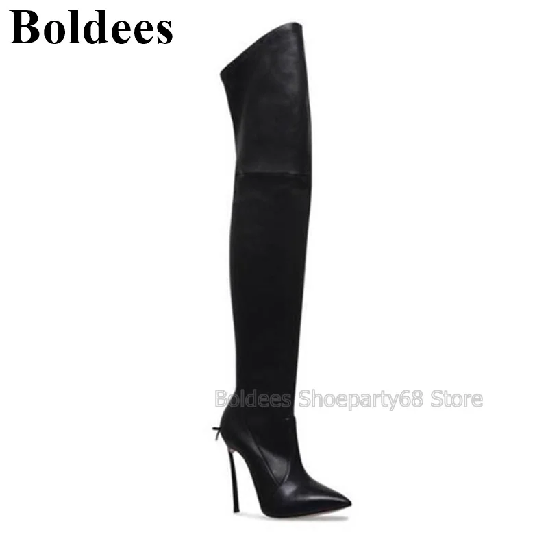 

Newest Black Leather Back Butterfly-knot Design High Heel Boots Woman Pointed Toe Over The Knee Thigh High Booty