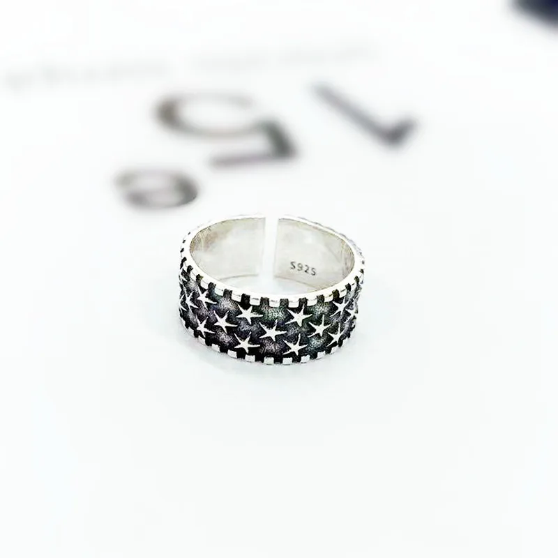 

925 Sterling Silver Rings for Women Black Star Thai Silver Adjustable(12#-16#) Ring Korean Style Vintage Jewelry Dropshipping