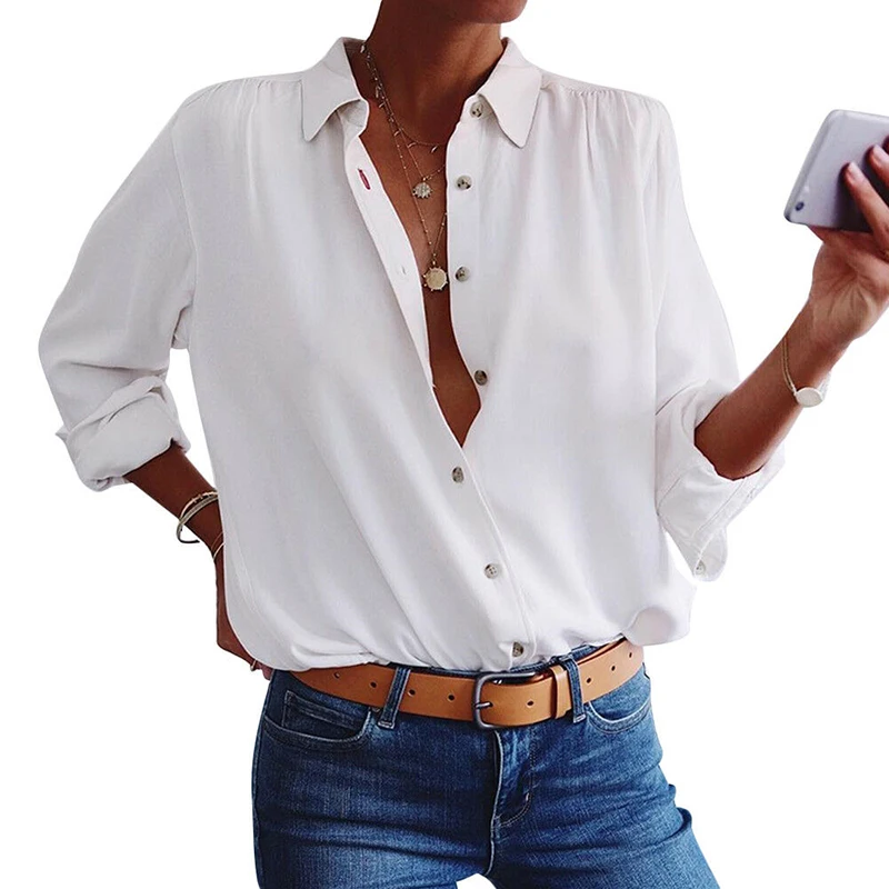 

Office Ladies Sexy Blouse Summer Long Sleeve White Shirt 2019 New Fashion Women's Shirt Woman Casual Loose Button Femme Blusas