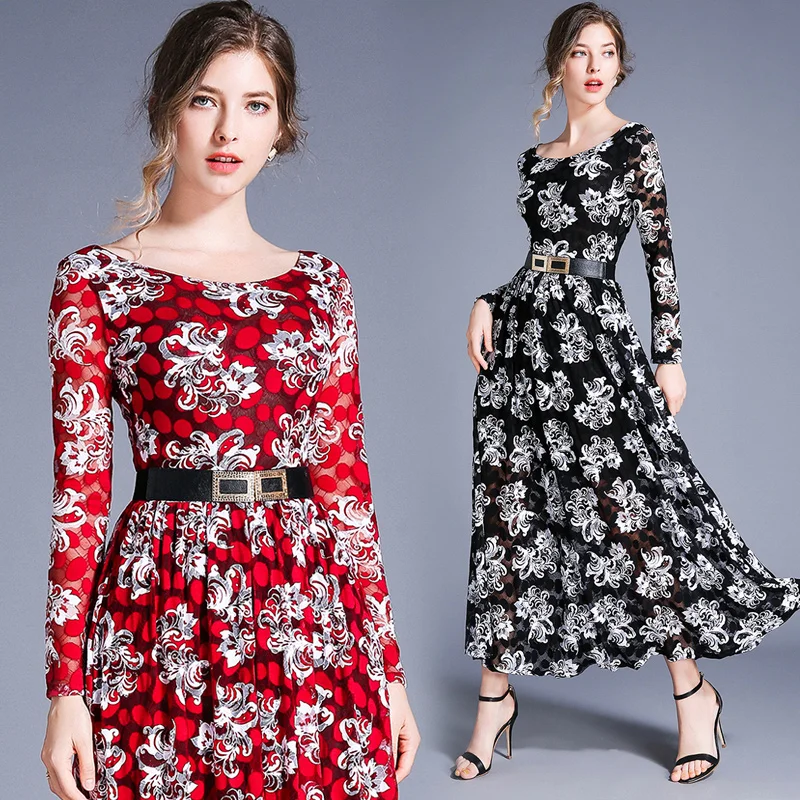 

2019 New Spring Runway Lace Maxi Dress Women's Long Sleeve Floral Hollow out Embroidered Slim Elegant Sexy Long Party Dresses
