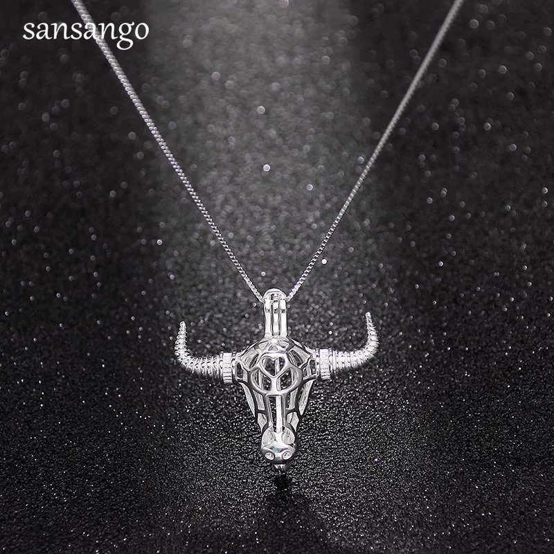 

925 Sterling Silver Necklace Bull Head Pearl Cage Essential Oil Diffuser Pendant Necklace For Ladys Woman
