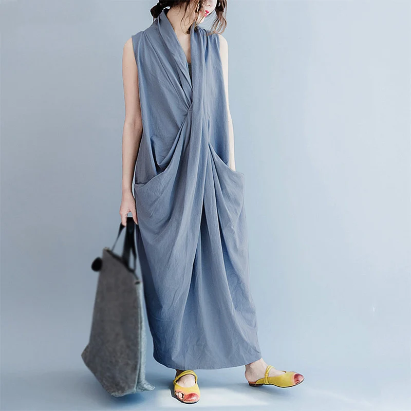 

XL-4XL Women Cross V Neck Sleeveless Shirt Dress Long Maxi Dress Oversized Dress