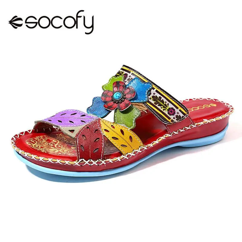 

SOCOFY Bohemia Genuine Leather Stitching Floral Leaves Pattern Adjustable Hook Loop Soft Sandals Ladies Shoes Summer New 2019