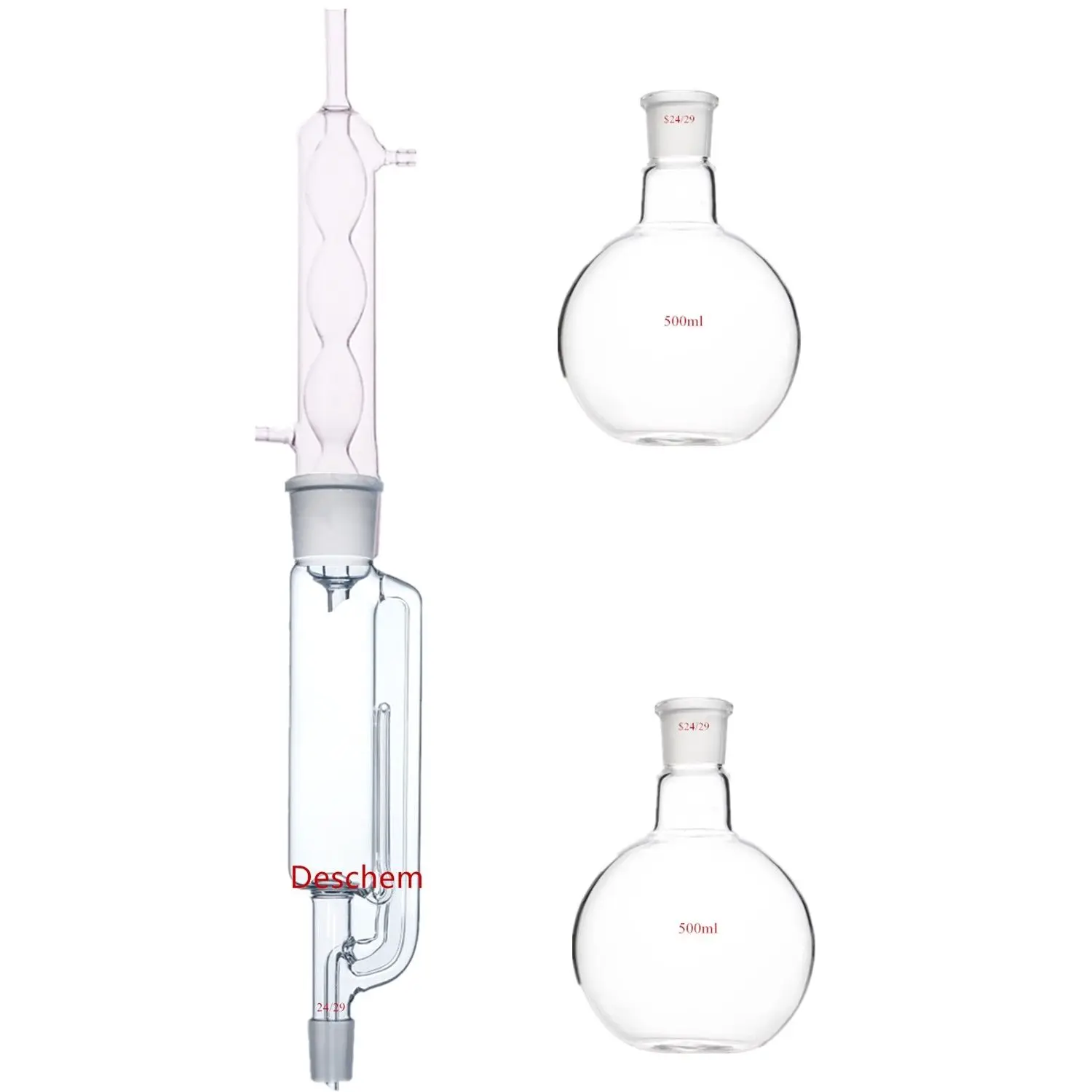 500ml 24/29 유리 소흘 추출기 본체 및 알린 콘덴서, 평평한 바닥 플라스크 2개