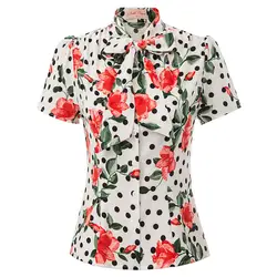 BP женская рубашка Стильный цветочный узор с коротким рукавом рубашка с бантом украшенная рубашка Топы