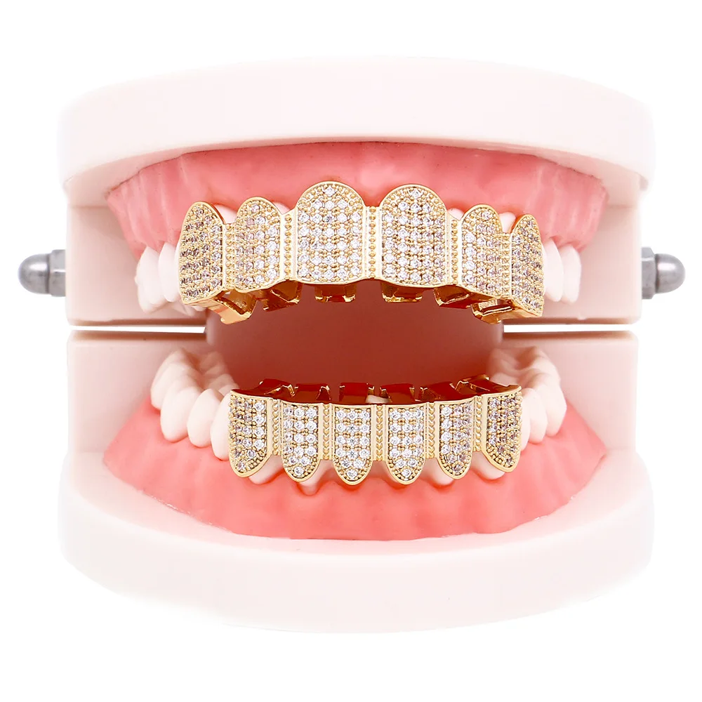1 Set Gold Plated Hip Hop Teeth Grillz Top & Bottom Grill Teeth Grills