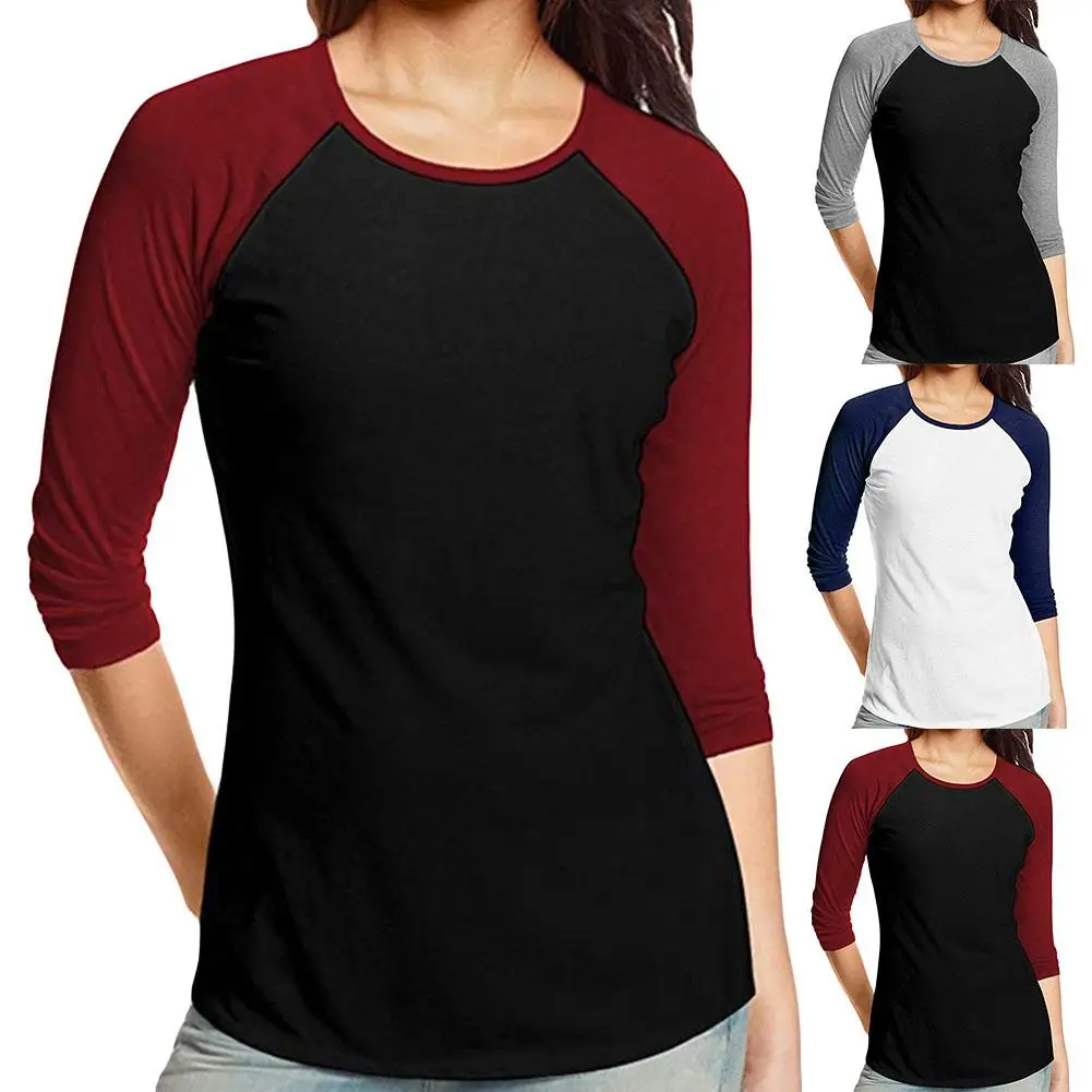 

Woman Fashion T-shirts Color Block Patchwork Tight Fitting Lady T-Shirt Top Seven-quarter Sleeve Round Neck Casual Top