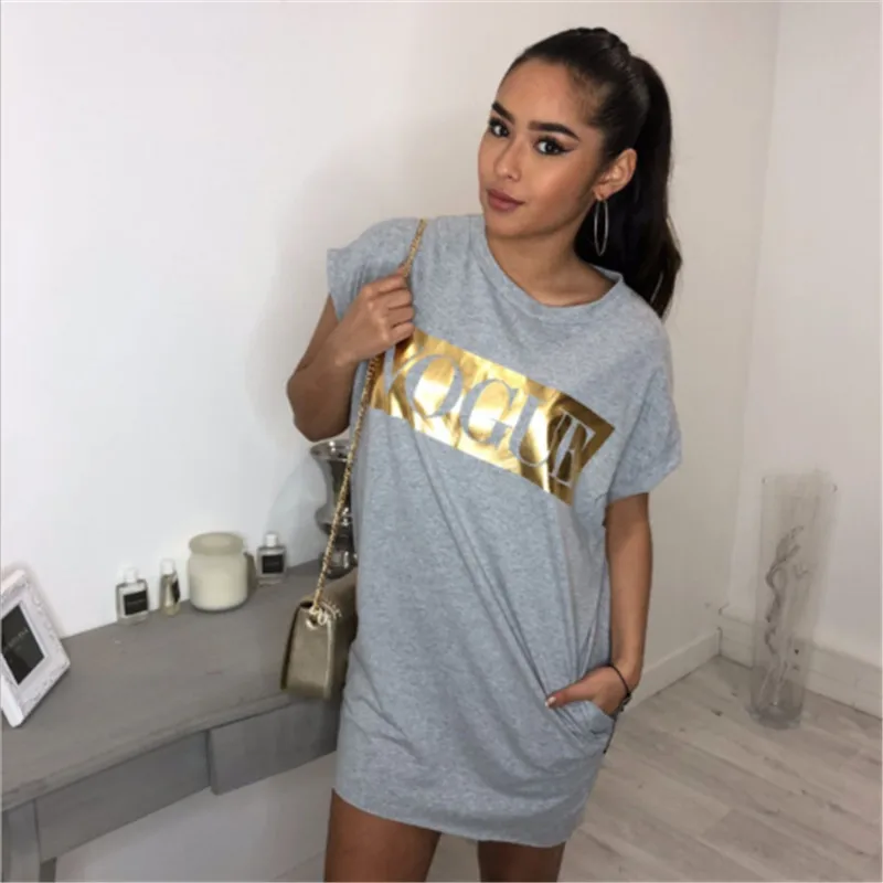

2019 New Women VOGUE Letters Printed Loose Short Sleeve Mini T Shirt Dress Cotton Blend with Pocket Summer Beach Long Vestidos