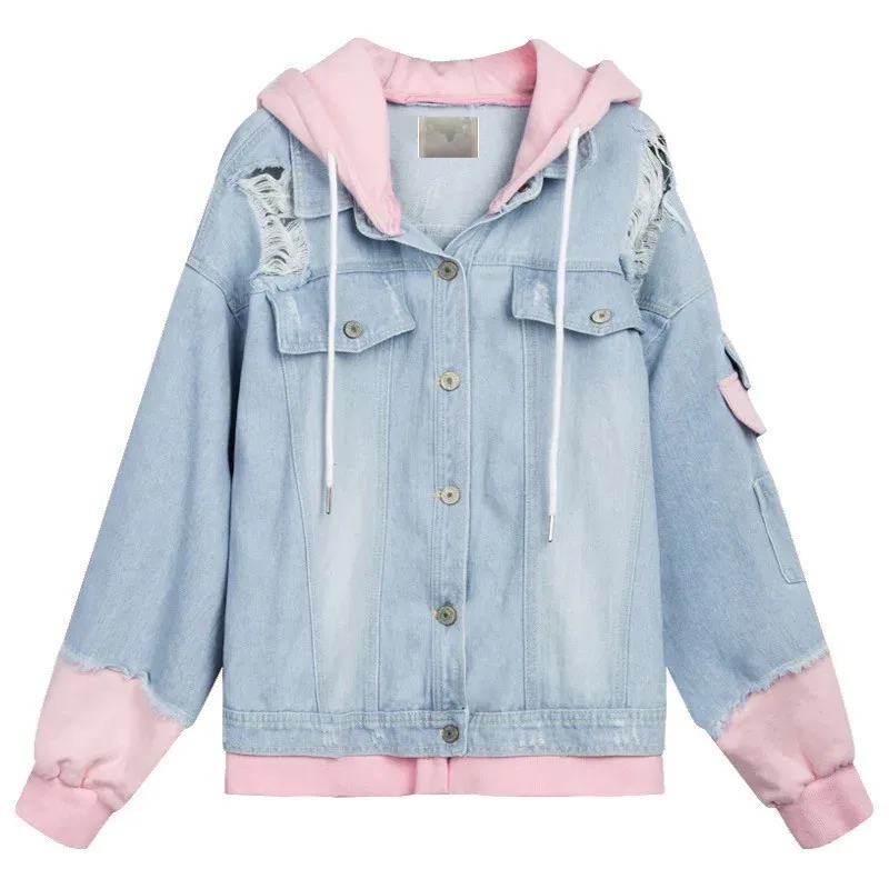 

Candy Color Oversize Denim Jacket For Women Boyfriend style ripped Bomber Jeans Coat Streetwear Hooded Jean Jacket A9026