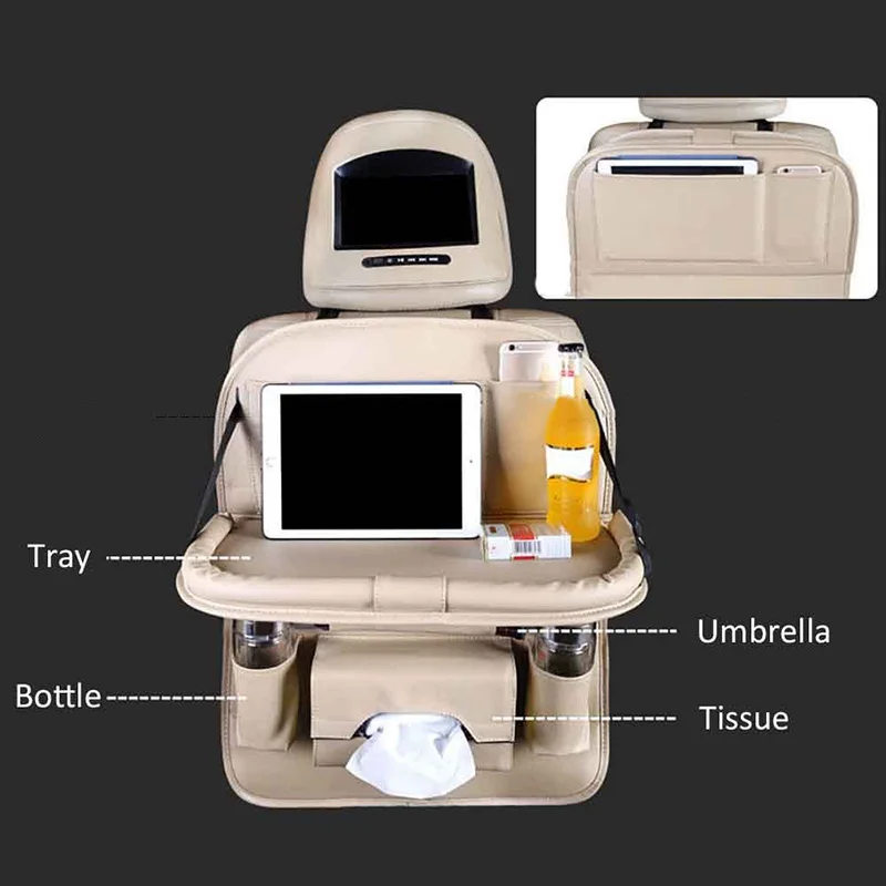 

Beige Car Back Seat Organizer Multi Pocket Storage Bag With Dining Table