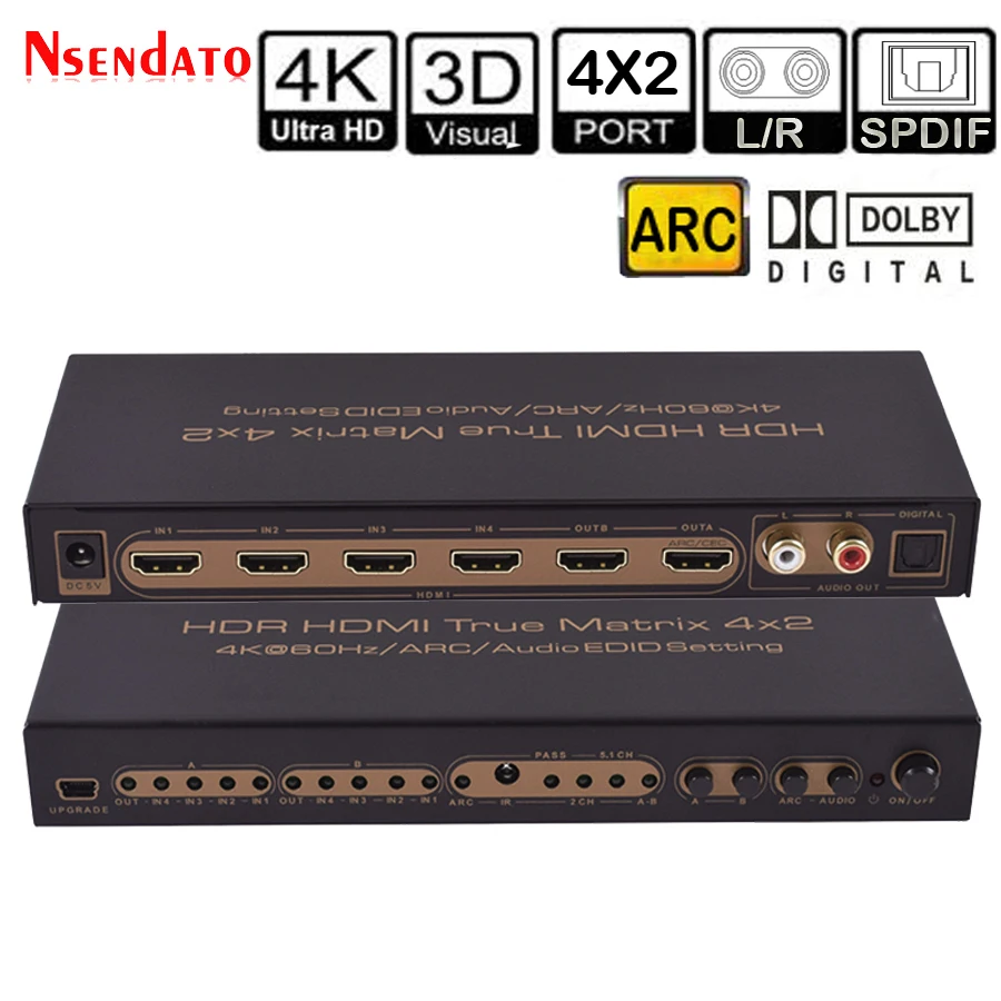 HDMI настоящий матричный коммутатор 4K 4x2 HDR HDMI аудио экстрактор адаптер коммутатор с оптической ARC SPDIF EDID 4K HDMI сплиттер для ТВ PS4