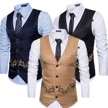 

2018 Brand New Fashion Men Embroidered Slim Fitted Vest Waistcoat Navy Blue Black Coffee Vest S M L XL 2XL