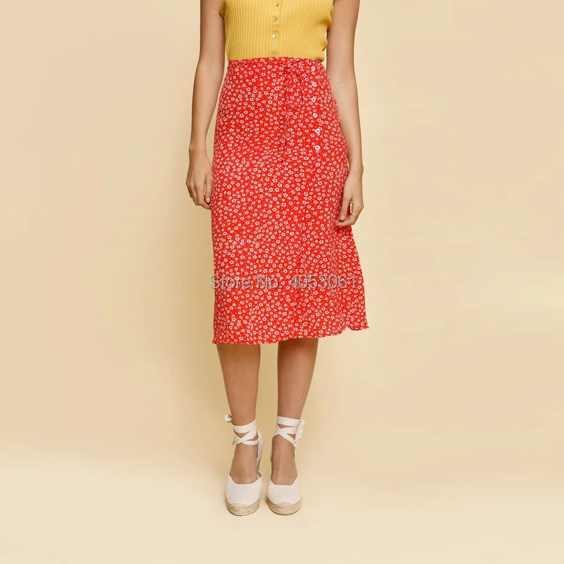 

Viscose 100% Dots Print Side Button Closured Midi Wrap Skirt - 2019ss Dark Green/Navy/Burgundy/Yellow/Orange/Blue/Green Skirt