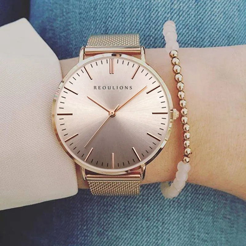 

REOULIONSFashion Alloy Belt Mesh Watch Unisex women's watches Minimalist Style Quartz Watch relogio feminino Watches for women