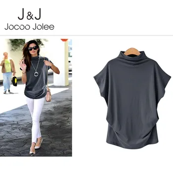 

Jocoo Jolee 2019 Women Casual Short Sleeve Turtleneck Blouse Batwing Shirt Female Cotton Solid Plus Size Tops Female Clothing