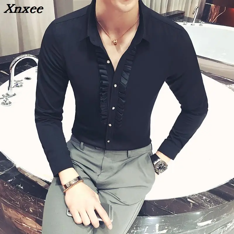 Men shirt fashion slim solid color long-sleeved shirt nightclub bar barber High-end business casual evening dress