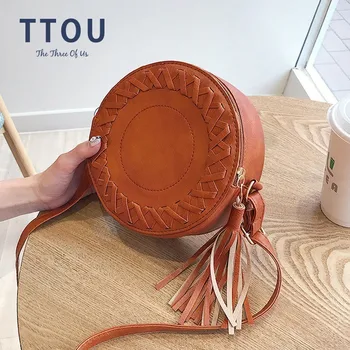 

TTOU Fashion Women's Round Shoulder Bags PU Leather Circle Box Tassel Messenger Bag For Lady Summer Causal Crossbody Bag